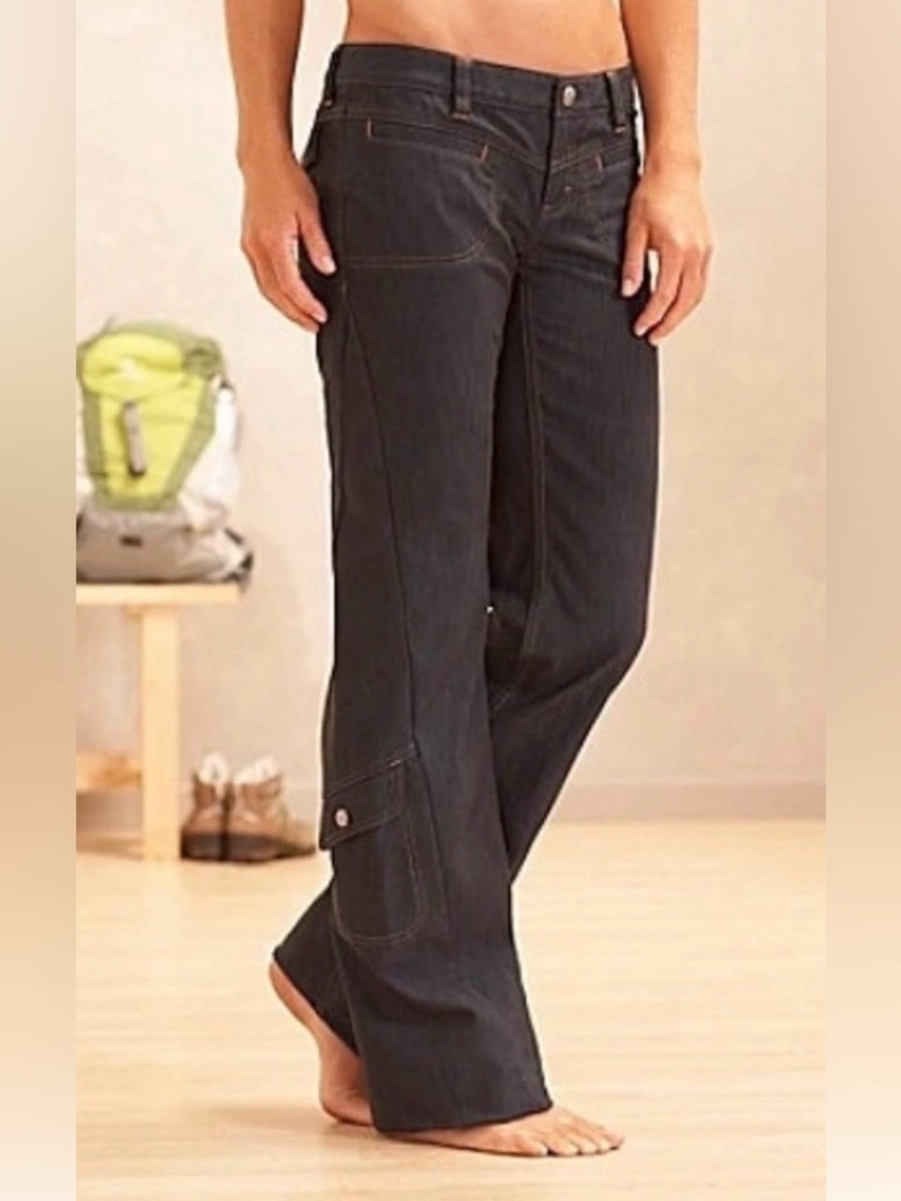 Athleta Dark Navy Wide-Leg Flare Jeans with six pockets
